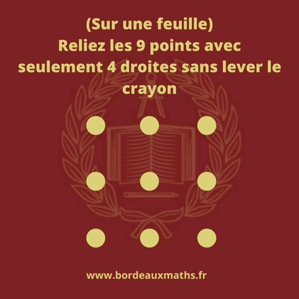Exercice de réflexion sur une feuille reliez les neuf points avec seulement quatre droites sans lever le crayon
